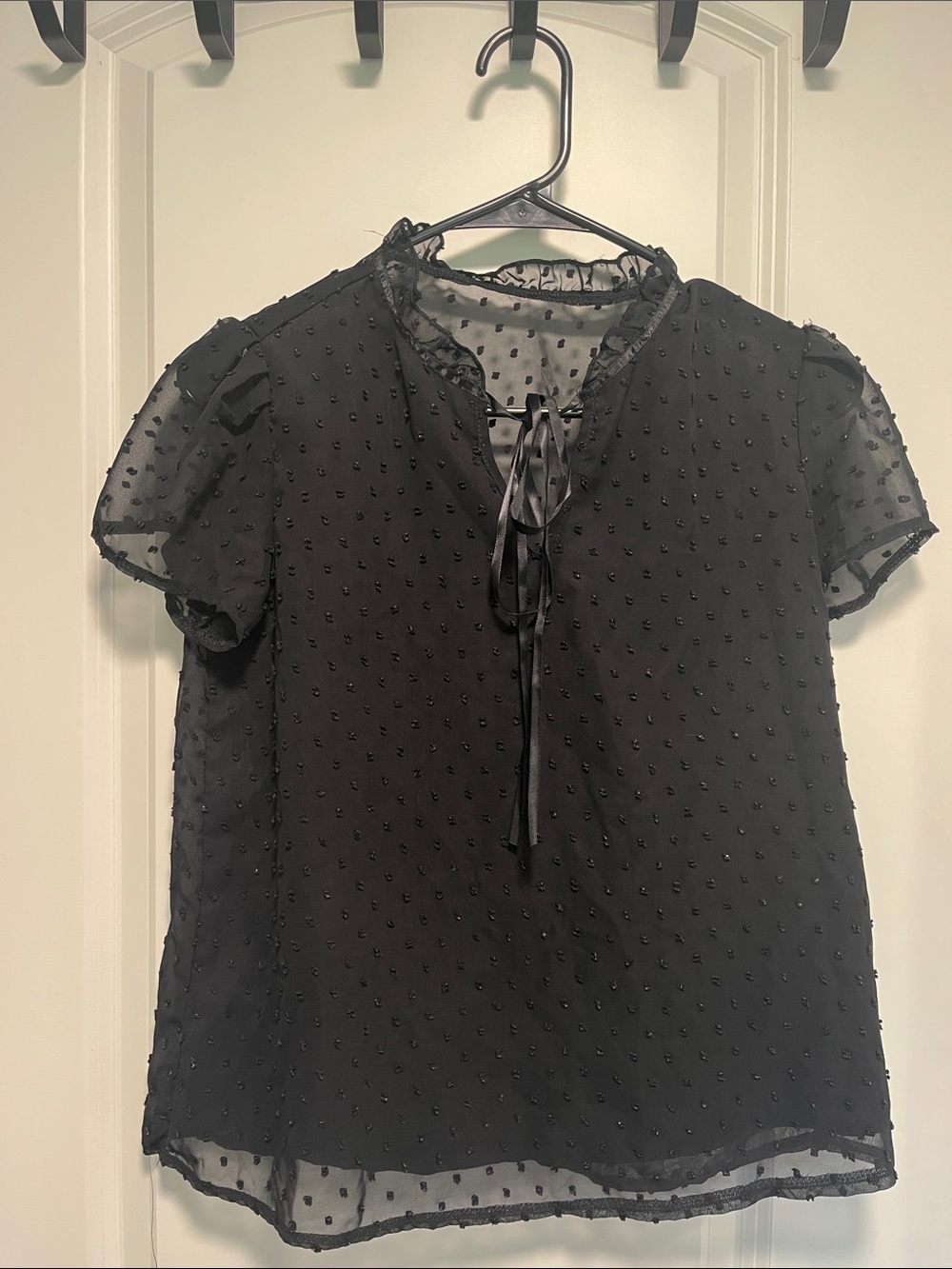 Women's Black Sheer Swiss Dot Tie-Neck Top